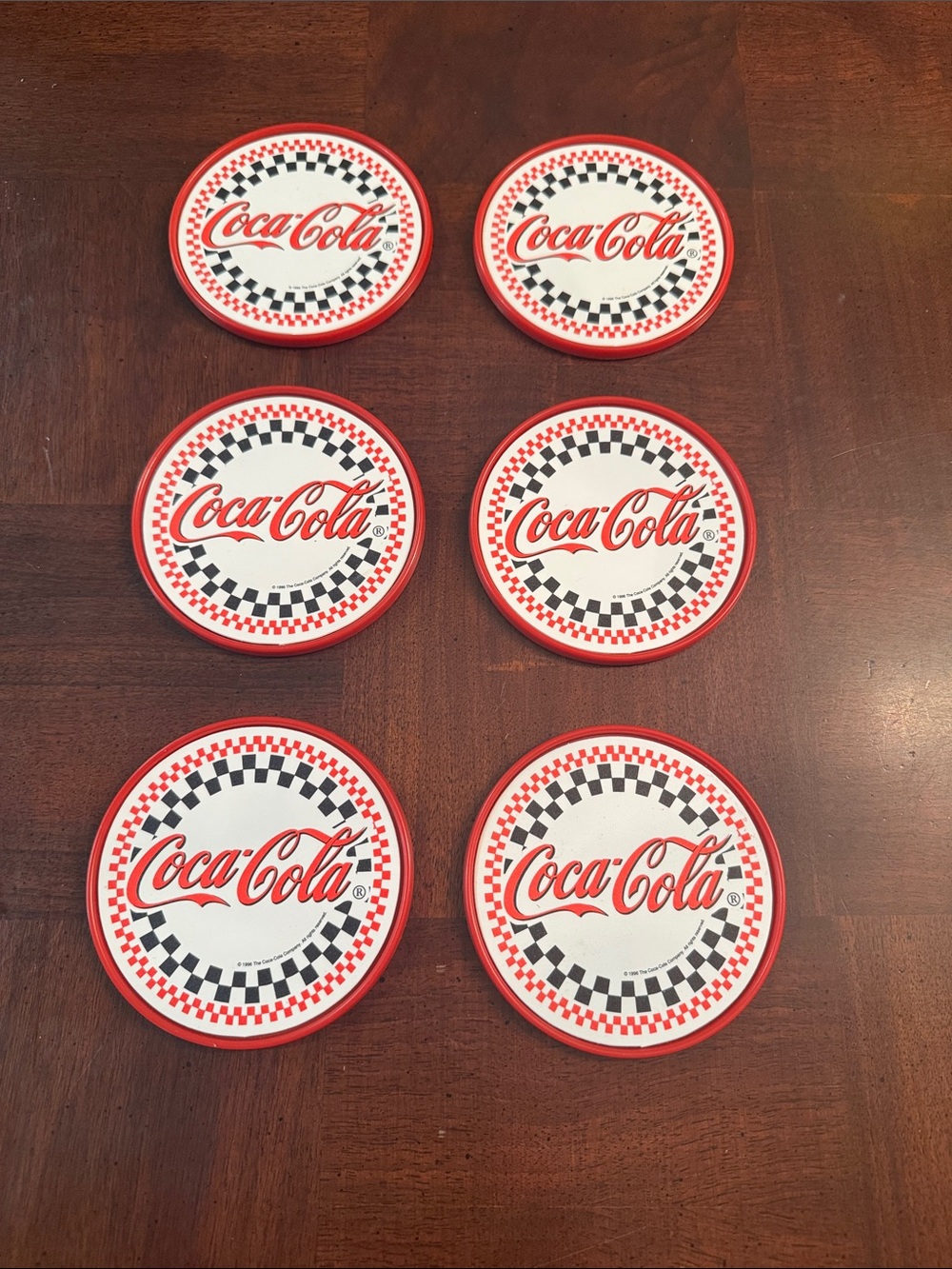 1990's Vintage Coca-Cola Coke Plastic Red Coasters with Black Checkered Pattern